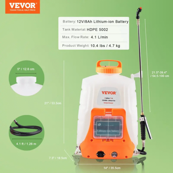 VEVOR Pulvérisateur Électrique à Dos à Batterie Brumisateur pour Plante Pression Réglable 0-6,2 Bar Réservoir 16 L 8 Buses 2 Baguettes Batterie 12 V - Image 4